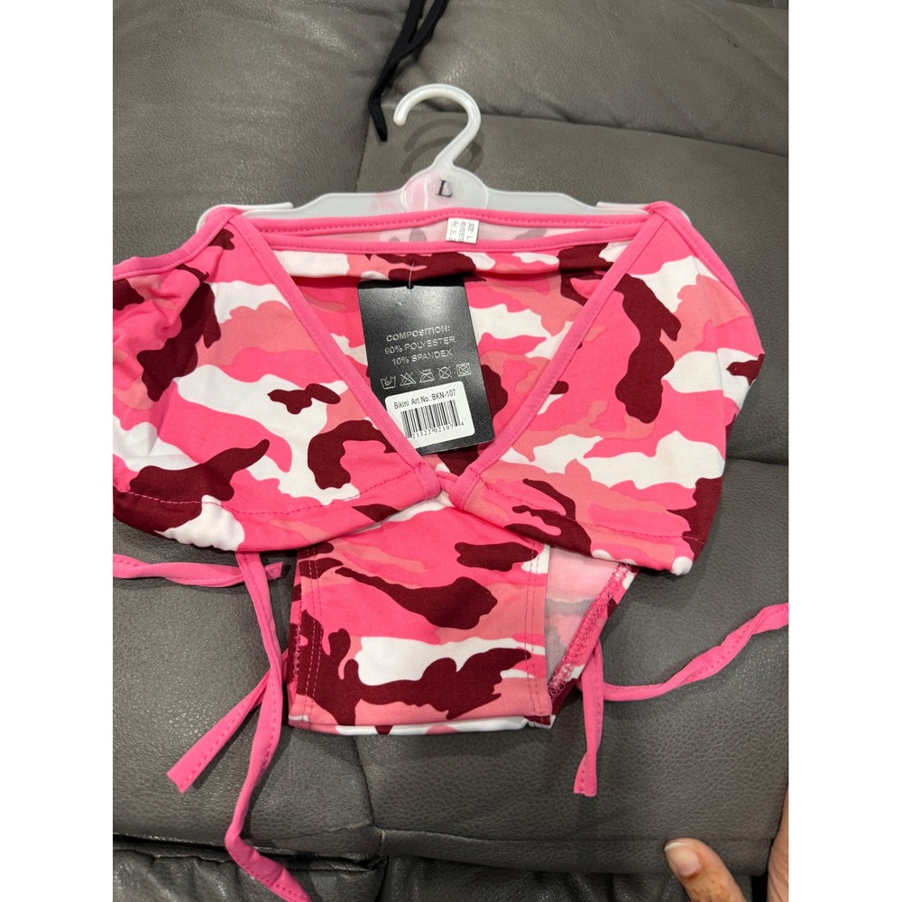 Pink Camouflage Bikini Set Triangle Top Side Tie Bottoms Size Large BKN-107